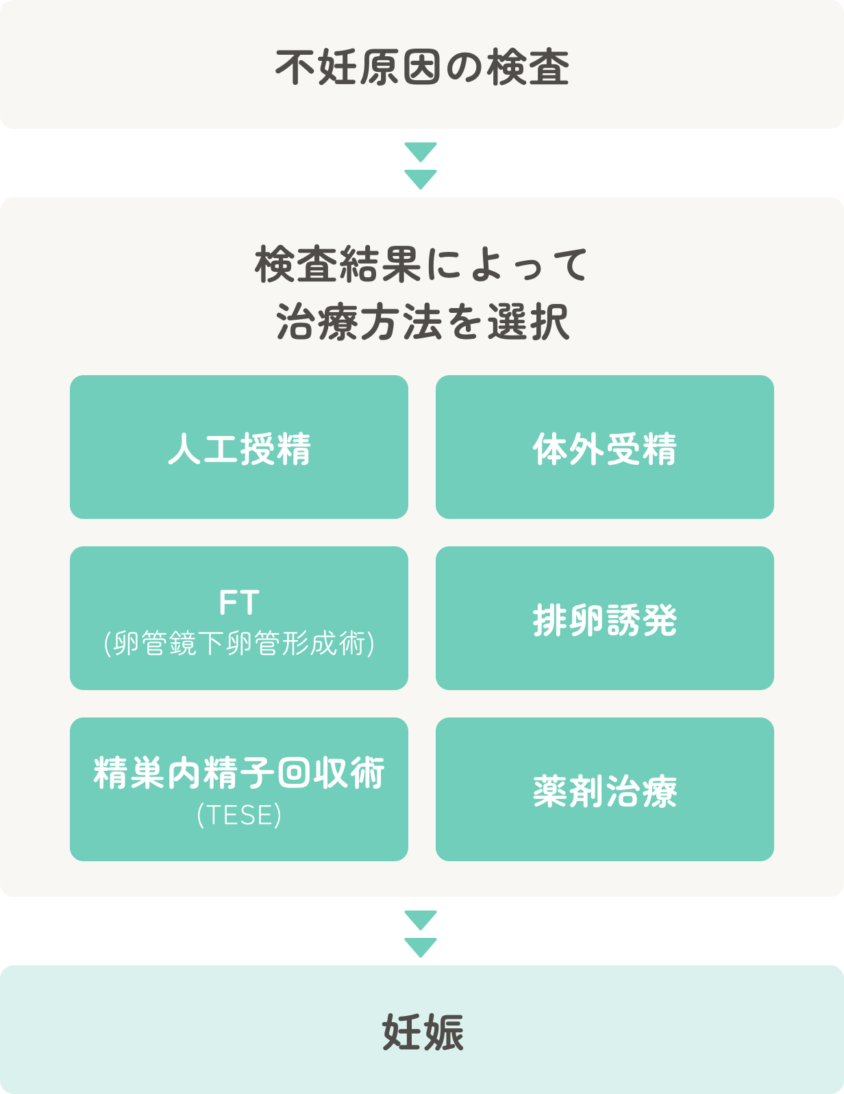 不妊原因の検査→検査結果によって治療方法を選択→妊娠