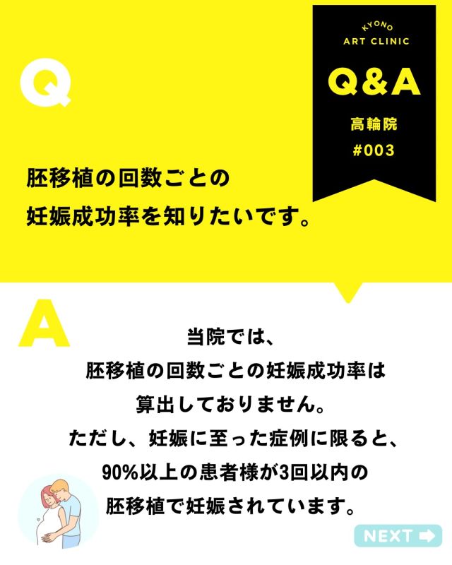 💡今月の不妊治療Q&A- 笠原医師が解答💡

【胚移植の回数と妊娠率について】

当院では、
胚移植の「回数ごとの妊娠成功率」は
算出しておりません📊

その理由は――
2回目以降の胚移植では、
それまでの治療経過を踏まえ、
お一人おひとりに合わせて
治療方法の工夫や変更を行っているためです🧑‍⚕️

刺激方法の調整や
移植方法の工夫など、
内容には大きな個人差があります⚖️

そのため、
単純に回数だけで成功率を比較することは
適切ではないと判断しております。

なお、妊娠に至った症例に限ると
90％以上の患者様が
3回以内の胚移植で妊娠されています🤰

大切なのは「回数」ではなく
その方にとって最適な治療を
積み重ねていくこと🫶

ご不安な点は、診察時に
どうぞ遠慮なくご相談ください🕊️

👉「こんなこと聞いていいのかな？」と 
思う疑問でも大丈夫です。 
安心してお気軽にご質問ください💓

2月もご質問をありがとうございました🌸 

来月もQ&A取り上げていきます✨  いただいた内容は、院内の医師やスタッフと 
確認しながら、順番にお答えしていきます。
 お返事まで少しお時間をいただくこともありますが、 
どうぞご了承ください😌 

💡体調に関する急なご相談やお急ぎの内容は、 
お電話: 03-6408-4124 
LINE :@rbp8021y からお問い合わせください 

これからも皆さまに寄り添う情報を 
お届けしていきます🌷 

〜〜・〜〜・〜〜・〜〜・〜〜・〜〜・〜〜 

このアカウントでは 
妊活を始めたい方 
不妊治療を考えている方 
現在治療中の方に向けて 

🌷実際の不妊治療について 
🌷体づくりや生活習慣について 
🌷医師の勤務状況 
🌷不妊治療最新情報 
🌷学会報告＊コラム などなど投稿しております☝️ 

@kyono_art_clinic 

👉気になる投稿があれば保存&シェア 
👉最新情報を見逃さないように、 
ぜひフォローをお願いします！

 @kyono_art_clinic 

〜〜・〜〜・〜〜・〜〜・〜〜・〜〜・〜〜

 #妊活QandA #不妊治療 #京野アートクリニック #妊活サポート #専門医が解説
