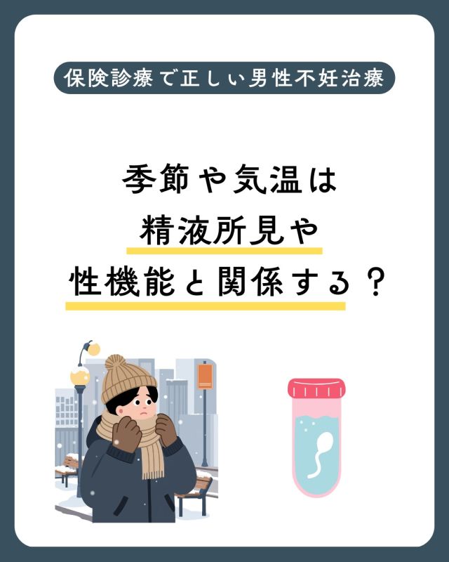 【保険診療で考える男性不妊治療】

日常生活のはなし
季節や気温は精液所見や性機能と関係するか

寒さが続いていますね❄️
「季節や気温は男性不妊に影響しますか？」
 外来でもよくいただくご質問です🩺
精子は体温より少し低い温度で作られています。 そのため、
強い暑さ🌡️や発熱🤒は
精液所見に影響することがあります。
 実際に、熱波の影響が約2〜3か月後の精液検査にあらわれるという報告もあります📊
一方で冬は、精液所見自体は比較的安定しているという報告があるものの、 寒さによる
血流低下🧊やホルモン変動の影響で、 性機能やタイミングの回数が減ってしまうこともあります。

大切なのは 「その季節に合った体調管理」です🌿

✔︎ 夏は過度な高温環境を避ける☀️ ✔︎ 冬は室内環境を整え、感染症予防を意識する😷 ✔︎ 発熱はできるだけ避ける🔥

精子形成には約3か月かかります🗓️
 今日の体調管理が、未来の結果につながります✨
無理をせず、
必要なときは医療を上手に活用しながら 一緒に進んでいきましょう🤝

気になることがあれば、
どうぞご相談ください🌸

詳しくは当院ホームページもご覧ください
🔗https://ivf-kyono.com

検索🔍ワードは「京野　男性不妊　季節　精液検査」
保険診療で正しい男性不妊治療を
日常生活のはなし⑭　
季節や気温は精液所見や性機能と関係するか

〜〜・〜〜・〜〜・〜〜・〜〜・〜〜・〜〜
このアカウントでは
妊活を始めたい方
不妊治療を考えている方
現在治療中の方に向けて

🌷実際の不妊治療について
🌷体づくりや生活習慣について
🌷医師の勤務状況
🌷不妊治療最新情報
🌷学会報告＊コラム
などなど投稿しております☝️

@kyono_art_clinic 

👉気になる投稿があれば保存&シェア
👉最新情報を見逃さないように、
ぜひフォローをお願いします！

@kyono_art_clinic 

〜〜・〜〜・〜〜・〜〜・〜〜・〜〜・〜〜

#男性不妊 #精液検査 #妊活中 #不妊治療 #妊活サポート