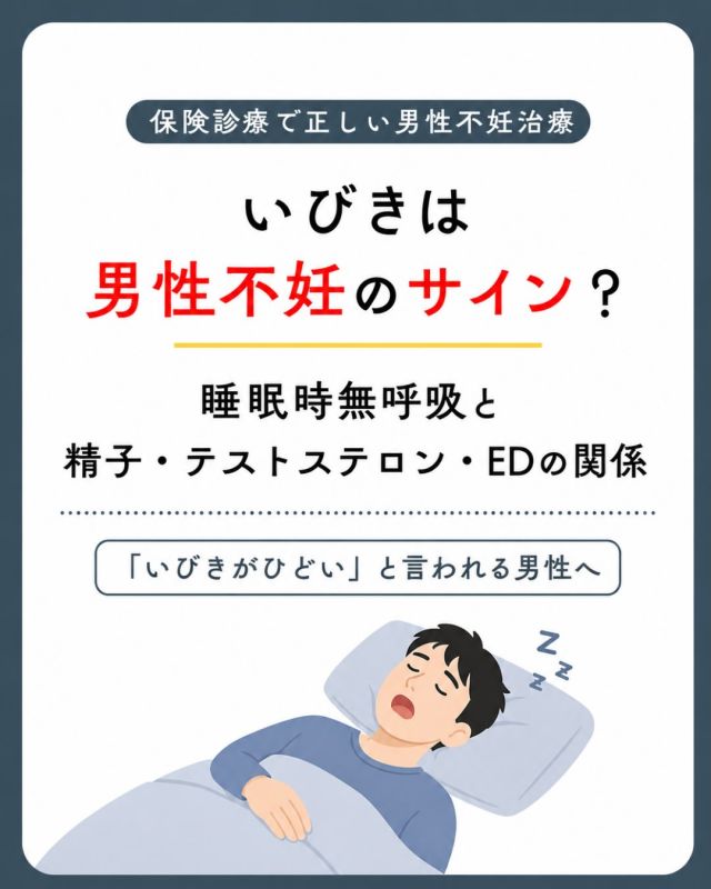 😴💤 いびきは男性不妊やEDのサイン？

「いびきがひどいと言われる😪」
「寝ている間に呼吸が止まっている😳」
「十分寝たはずなのに日中眠い🥱」

そんな方は、**睡眠時無呼吸症候群（OSA）**が隠れているかもしれません⚠️

睡眠中に呼吸が止まると、血液中の酸素が低下⬇️
これを繰り返すことで、酸化ストレスや炎症につながる可能性があります🫁💥

🧬 精子への影響
睡眠時無呼吸のある男性では、
🔸精子濃度
🔸精子運動率
などが低い可能性が報告されています。

さらに、睡眠の質の低下はテストステロン低下にも関係する可能性が📉

💪 ED・性欲にも影響？
睡眠時無呼吸は、テストステロンや血管機能、疲労などを通して、EDや性機能低下との関連も指摘されています。

🩺 治療には、マウスピースやCPAPなどがあります✨
ただし、CPAPで精液所見やEDが必ず改善するとは、まだ言い切れません📚

👀 妊活中の男性で
☑️ 大きないびき
☑️ 無呼吸を指摘される
☑️ 日中の強い眠気
☑️ 起床時の頭痛
☑️ ED・性欲低下

などがあれば、一度検査を検討してみましょう🏥🔍

🌿 妊活では「精子」だけでなく、睡眠や全身の健康にも目を向けることが大切です。

「もしかして？」と思ったら、ぜひ一度チェックしてみてください😊✨

#男性不妊 #妊活 #睡眠時無呼吸症候群 #ED #京野アートクリニック高輪
