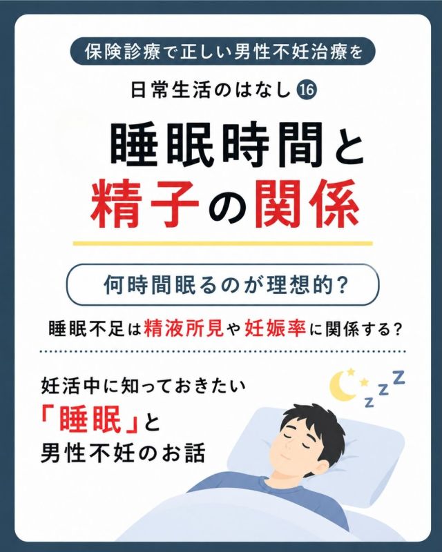 🌙✨ 保険診療で正しい男性不妊治療を

日常生活のはなし⑯

💤 睡眠時間と精子の関係
何時間眠るのが理想的？🤔

妊活中、食事🥗・運動🏃‍♂️・飲酒🍺・喫煙🚭などの生活習慣を意識される方は多いと思います。

実は、見落とされがちな「睡眠」も、精子の状態や妊娠の成立、
体外受精・顕微授精（IVF・ICSI）の成績との関連が研究されています🔍

📌 睡眠と精液所見の関係

研究では、睡眠時間が短すぎる場合や長すぎる場合に、精子数や運動率などが低下する傾向が報告されています。

🌟 ひとつの目安は、7〜8時間程度の睡眠。

ただし、適切な睡眠時間には個人差があり、睡眠時間だけで精液所見が決まるわけではありません。

🧬 睡眠不足で精子のDNAは傷つく？

精子のDNA損傷（DFI）については、睡眠時間との明確な関連はまだ十分に証明されていません。

今後の研究が必要な分野です📚

🤰 妊娠率やARTの成績との関係は？

男性の睡眠時間が短い場合、1周期あたりの妊娠成立確率が低かったという報告や、
睡眠状態が良好な男性で受精率が高かったという研究もあります。

一方で、睡眠時間を増やせば必ず妊娠率や治療成績が向上する、というわけではありません。

🌙 妊活中に大切にしたいこと

✅ 睡眠時間をしっかり確保する
✅ 就寝・起床時刻をできるだけ整える
✅ 数日だけでなく、継続して生活習慣を見直す

精子形成には約2〜3か月かかるとされています。

そのため、精液所見を改善したい場合も、数日だけ生活を変えるのではなく、数か月単位で生活習慣を整えることが大切です🌱

妊活中だからといって、睡眠時間を細かく管理しすぎる必要はありません😊

頑張りすぎず、いつもより少し早く休むことから始めてみませんか？🌙

ご夫婦で睡眠を含めた生活習慣を見直してみましょう🤝💕

保存して、日々の生活習慣を振り返るきっかけにしていただけたら嬉しいです📌

#京野アートクリニック高輪
#男性不妊
#妊活
#精液検査
#男性不妊治療
